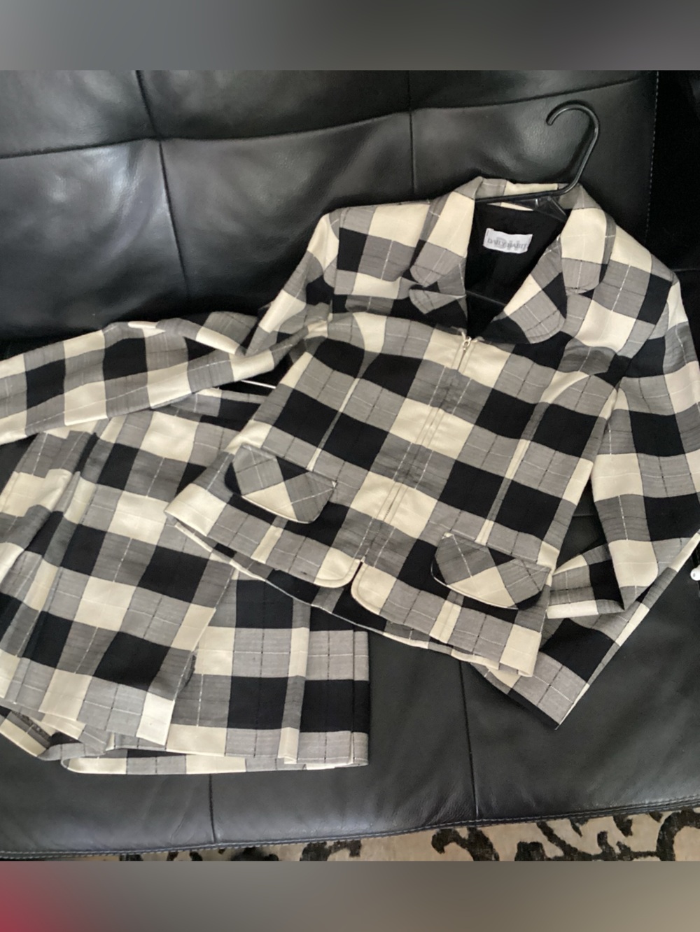 Vintage Plaid Zip-Front Blazer Jacket and Matching Skort in Black & Cream